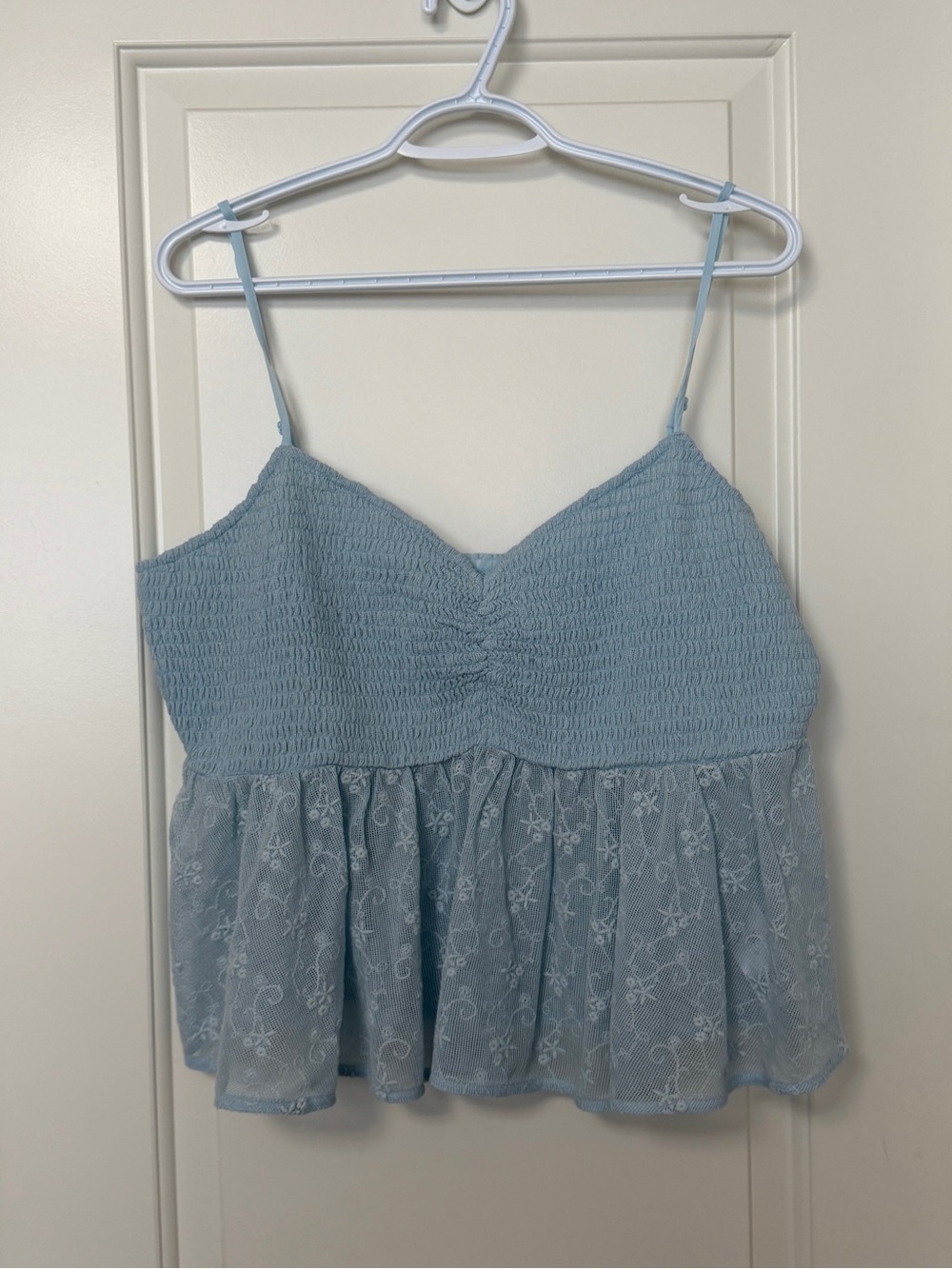 Light Blue Smocked Lace Trim Cami Tank Top- American Eagle